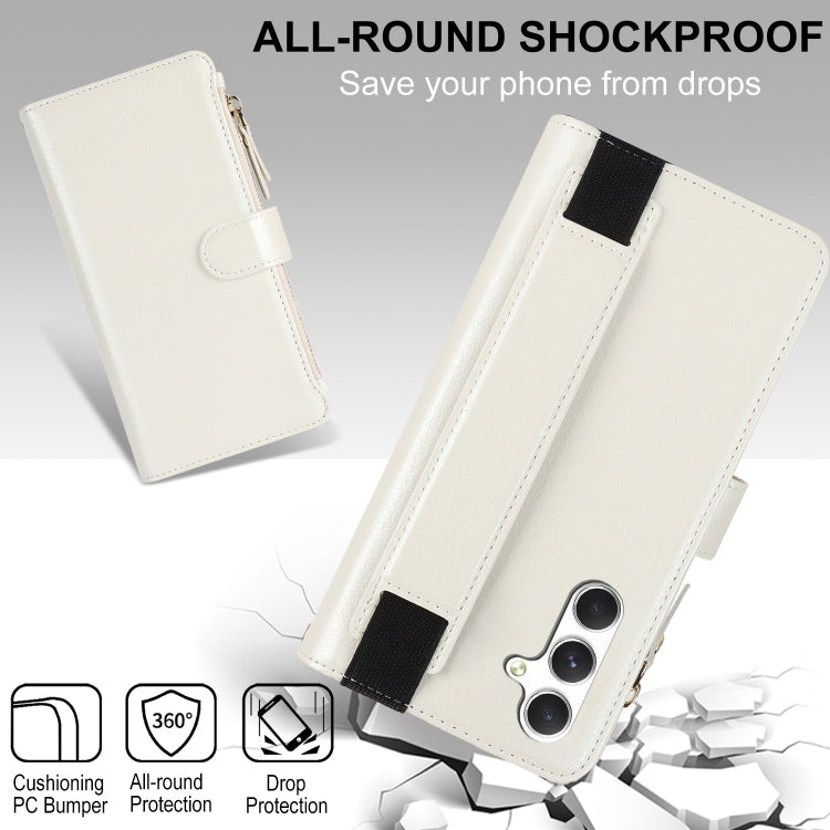 For Samsung Galaxy S24+ 5G Wristband Holder Zipper Purse RFID Leather Phone Case(White)