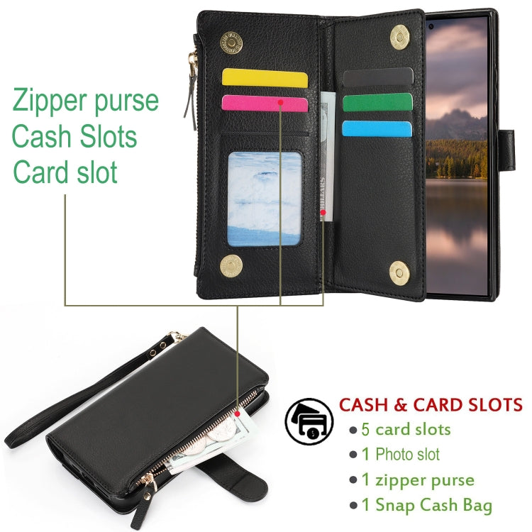 For Samsung Galaxy S24 Ultra 5G Wristband Holder Zipper Purse RFID Leather Phone Case(Black)