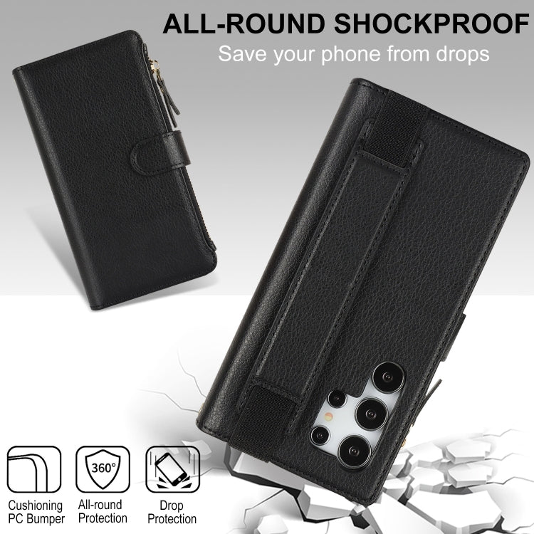 For Samsung Galaxy S24 Ultra 5G Wristband Holder Zipper Purse RFID Leather Phone Case(Black)