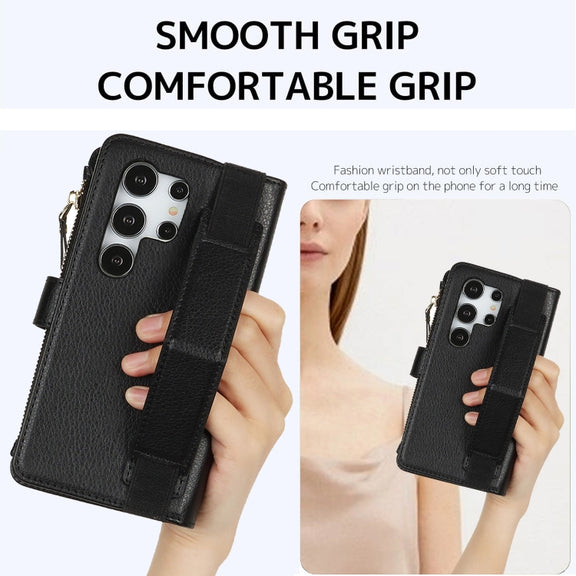 For Samsung Galaxy S24 Ultra 5G Wristband Holder Zipper Purse RFID Leather Phone Case(Black)
