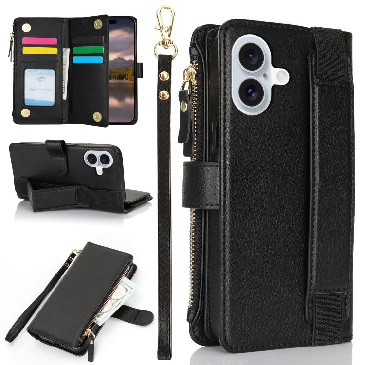 For iPhone 16 Wristband Holder Zipper Purse RFID Leather Phone Case(Black)