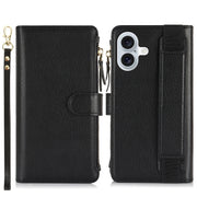 For iPhone 16 Wristband Holder Zipper Purse RFID Leather Phone Case(Black)