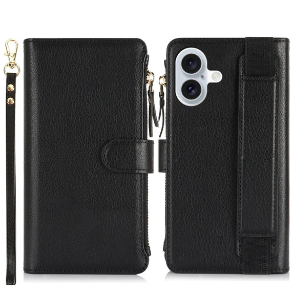 For iPhone 16 Wristband Holder Zipper Purse RFID Leather Phone Case(Black)