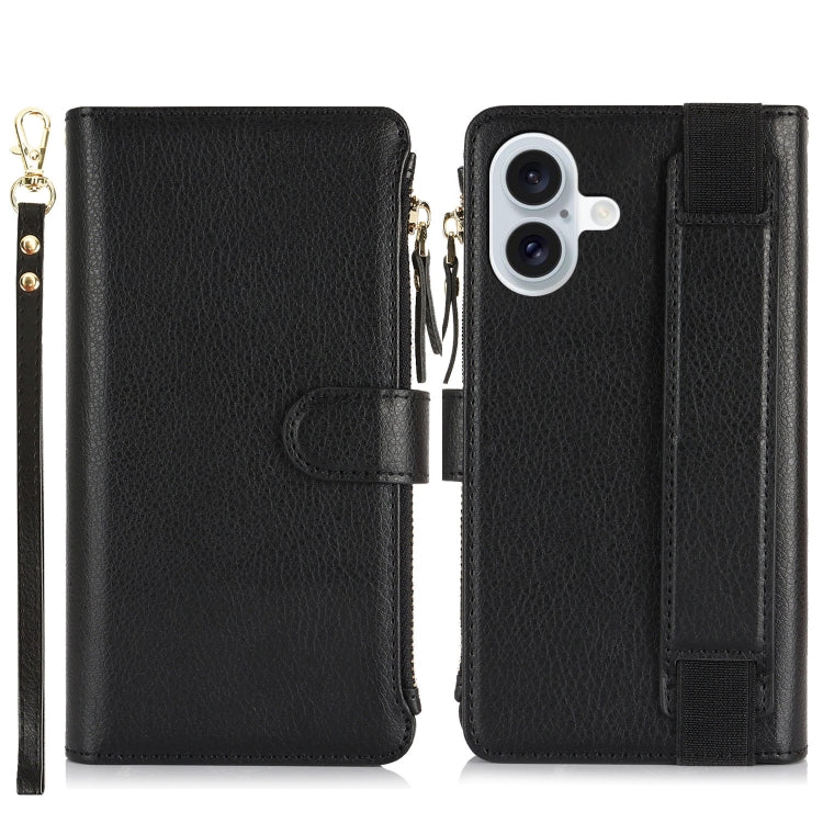 For iPhone 16 Wristband Holder Zipper Purse RFID Leather Phone Case(Black)