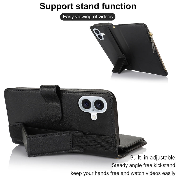 For iPhone 16 Wristband Holder Zipper Purse RFID Leather Phone Case(Black)