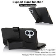 For iPhone 16 Wristband Holder Zipper Purse RFID Leather Phone Case(Black)