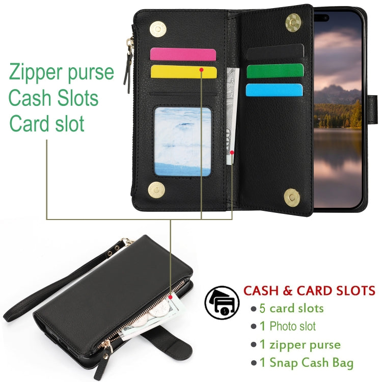 For iPhone 16 Wristband Holder Zipper Purse RFID Leather Phone Case(Black)