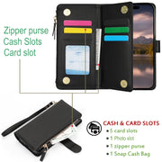 For iPhone 16 Wristband Holder Zipper Purse RFID Leather Phone Case(Black)