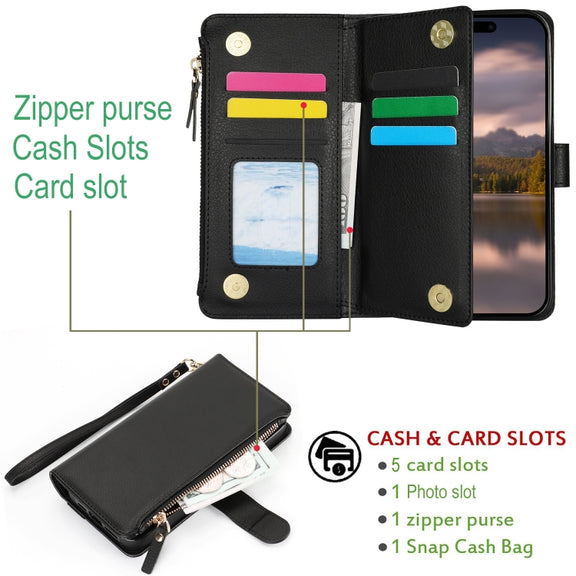 For iPhone 16 Wristband Holder Zipper Purse RFID Leather Phone Case(Black)
