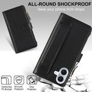 For iPhone 16 Wristband Holder Zipper Purse RFID Leather Phone Case(Black)