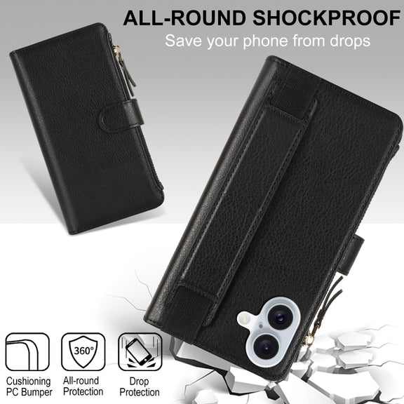 For iPhone 16 Wristband Holder Zipper Purse RFID Leather Phone Case(Black)