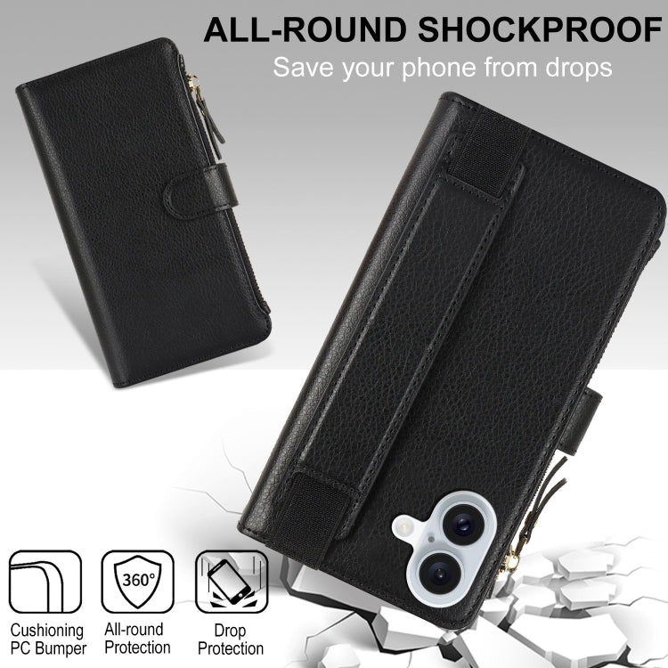 For iPhone 16 Wristband Holder Zipper Purse RFID Leather Phone Case(Black)