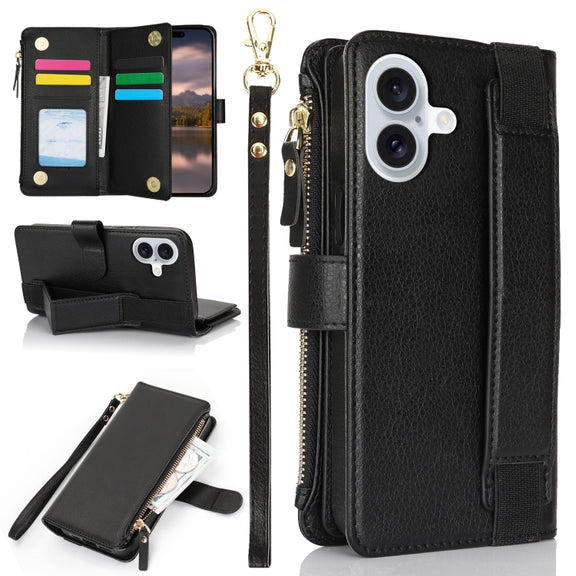 For iPhone 16 Wristband Holder Zipper Purse RFID Leather Phone Case(Black)