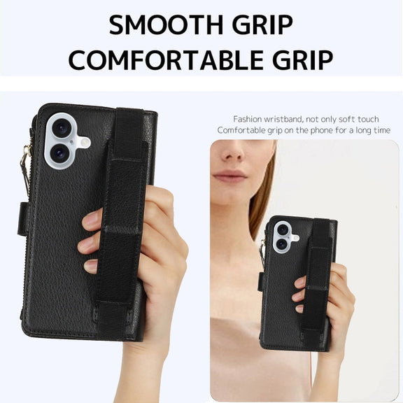 For iPhone 16 Wristband Holder Zipper Purse RFID Leather Phone Case(Black)