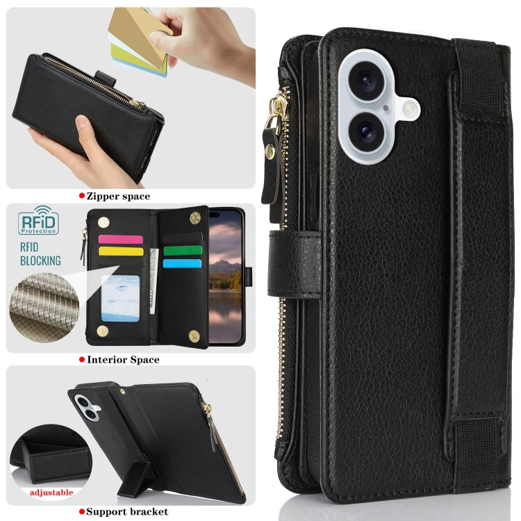 For iPhone 16 Wristband Holder Zipper Purse RFID Leather Phone Case(Black)