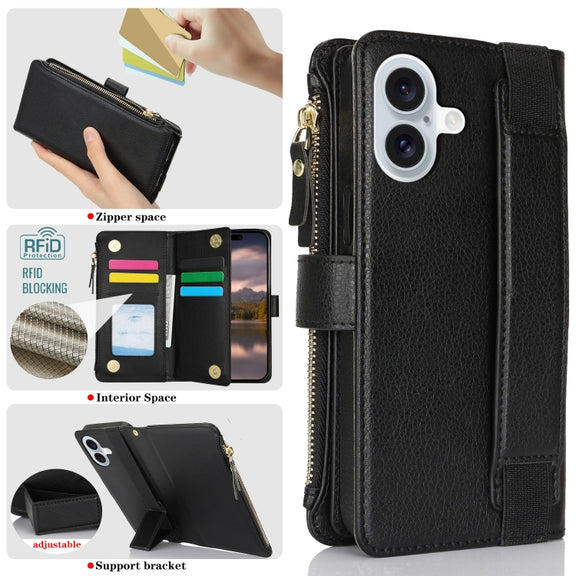 For iPhone 16 Wristband Holder Zipper Purse RFID Leather Phone Case(Black)