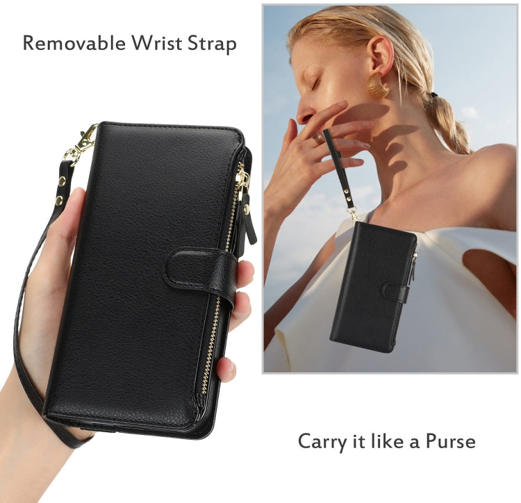For iPhone 16 Wristband Holder Zipper Purse RFID Leather Phone Case(Black)