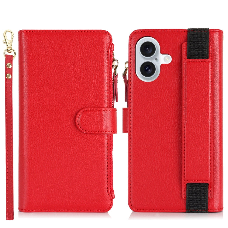 For iPhone 16 Plus Wristband Holder Zipper Purse RFID Leather Phone Case(Red)