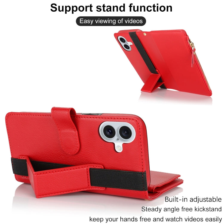For iPhone 16 Plus Wristband Holder Zipper Purse RFID Leather Phone Case(Red)