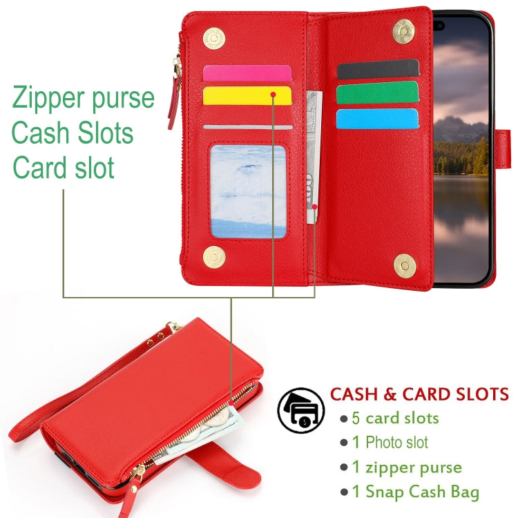 For iPhone 16 Plus Wristband Holder Zipper Purse RFID Leather Phone Case(Red)