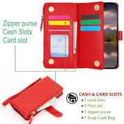 For iPhone 16 Plus Wristband Holder Zipper Purse RFID Leather Phone Case(Red)