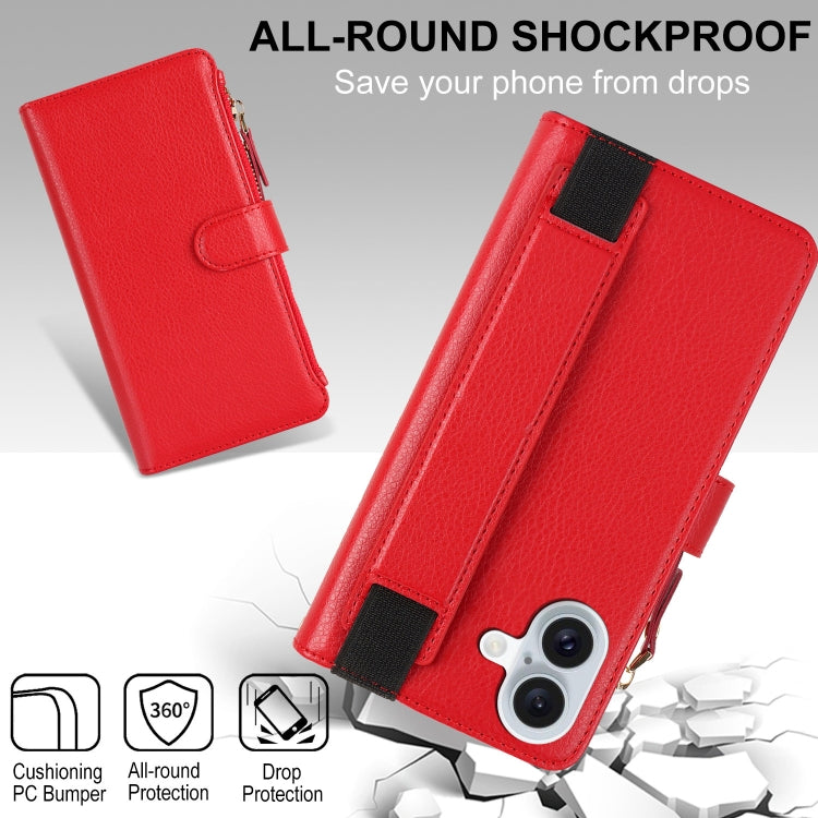 For iPhone 16 Plus Wristband Holder Zipper Purse RFID Leather Phone Case(Red)
