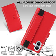 For iPhone 16 Plus Wristband Holder Zipper Purse RFID Leather Phone Case(Red)