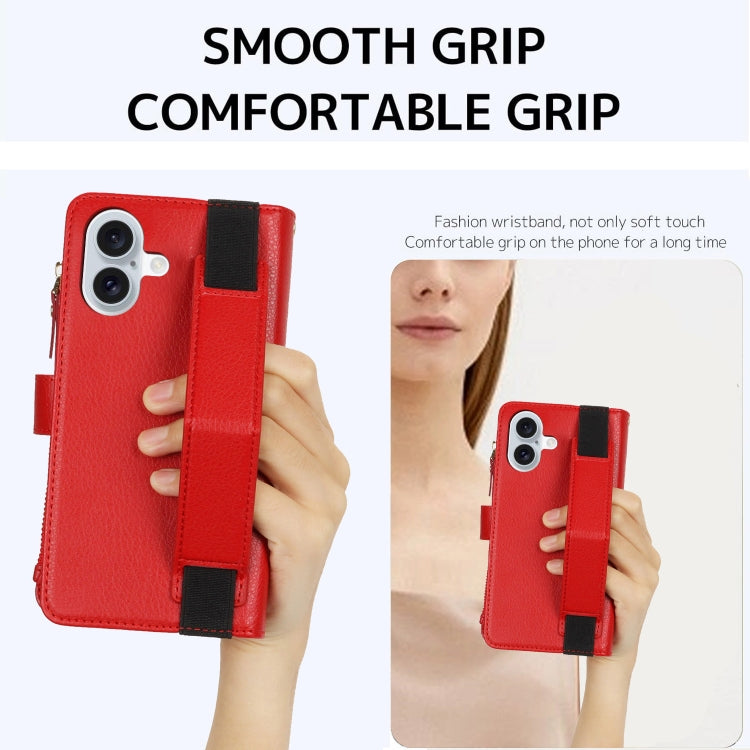 For iPhone 16 Plus Wristband Holder Zipper Purse RFID Leather Phone Case(Red)