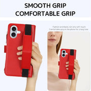 For iPhone 16 Plus Wristband Holder Zipper Purse RFID Leather Phone Case(Red)