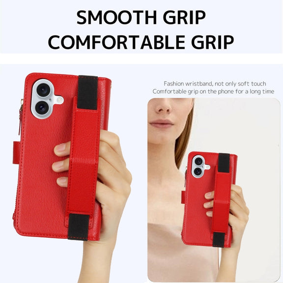 For iPhone 16 Plus Wristband Holder Zipper Purse RFID Leather Phone Case(Red)