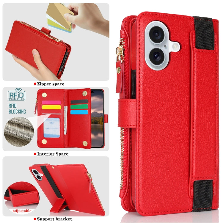For iPhone 16 Plus Wristband Holder Zipper Purse RFID Leather Phone Case(Red)