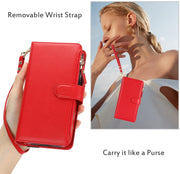For iPhone 16 Plus Wristband Holder Zipper Purse RFID Leather Phone Case(Red)