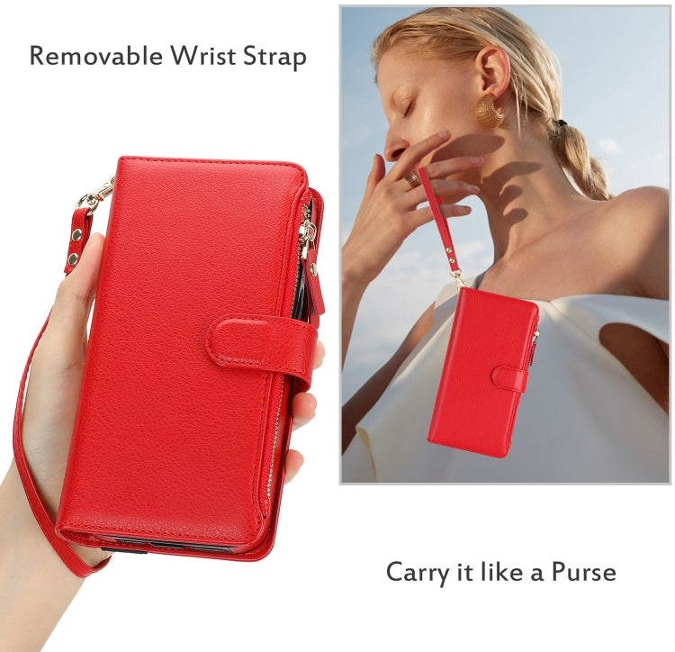 For iPhone 16 Plus Wristband Holder Zipper Purse RFID Leather Phone Case(Red)
