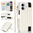 For iPhone 16 Plus Wristband Holder Zipper Purse RFID Leather Phone Case(White) - iPhone 16 Plus Cases by PMC TechLife | Online Shopping South Africa | PMC TechLife | Buy Now Pay Later Mobicred