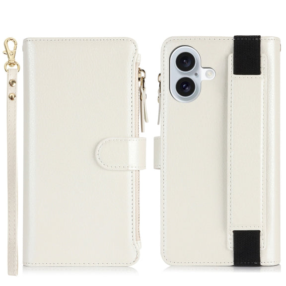 For iPhone 16 Plus Wristband Holder Zipper Purse RFID Leather Phone Case(White)