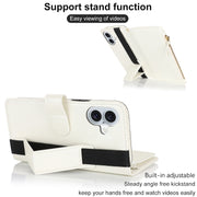 For iPhone 16 Plus Wristband Holder Zipper Purse RFID Leather Phone Case(White)