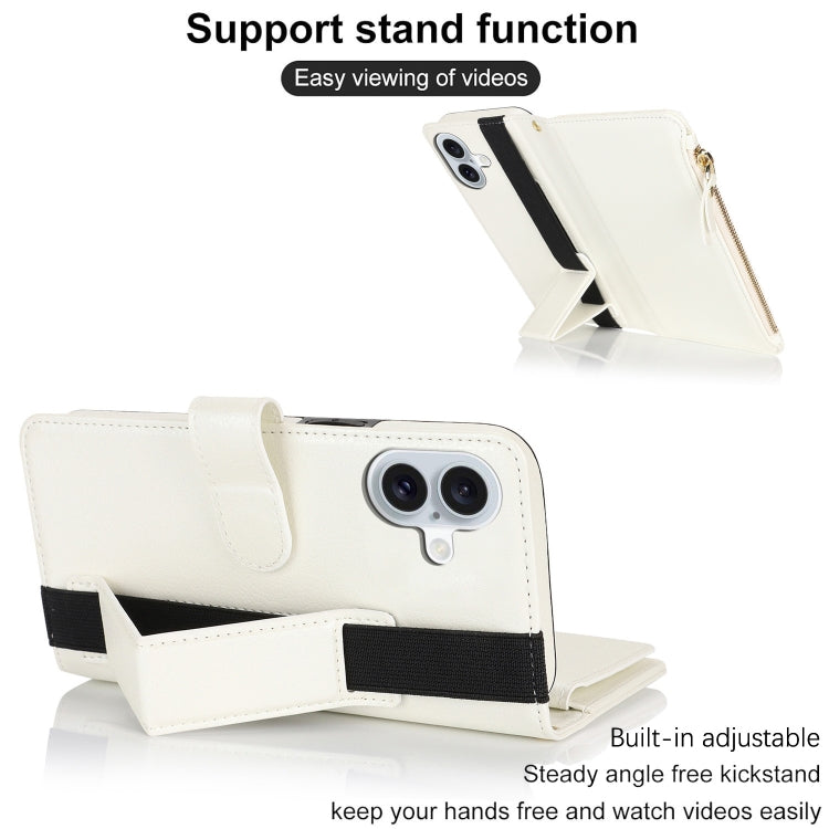 For iPhone 16 Plus Wristband Holder Zipper Purse RFID Leather Phone Case(White)