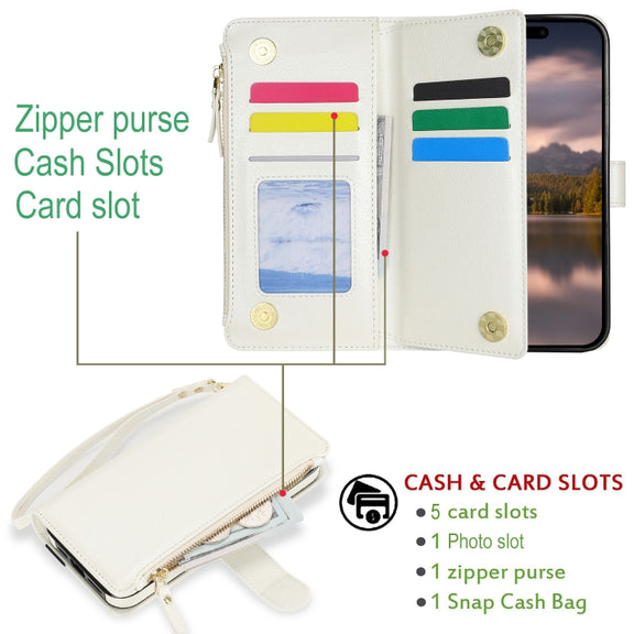 For iPhone 16 Plus Wristband Holder Zipper Purse RFID Leather Phone Case(White)