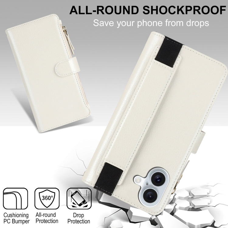 For iPhone 16 Plus Wristband Holder Zipper Purse RFID Leather Phone Case(White)