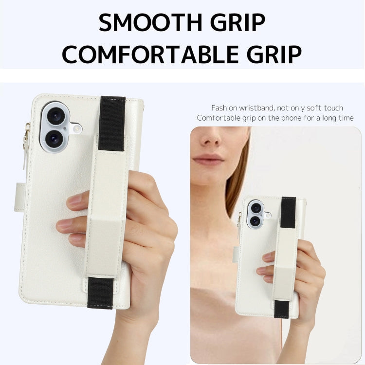 For iPhone 16 Plus Wristband Holder Zipper Purse RFID Leather Phone Case(White)