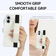For iPhone 16 Plus Wristband Holder Zipper Purse RFID Leather Phone Case(White)