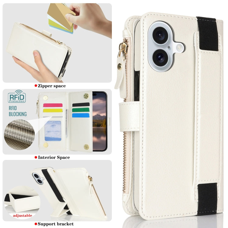 For iPhone 16 Plus Wristband Holder Zipper Purse RFID Leather Phone Case(White)