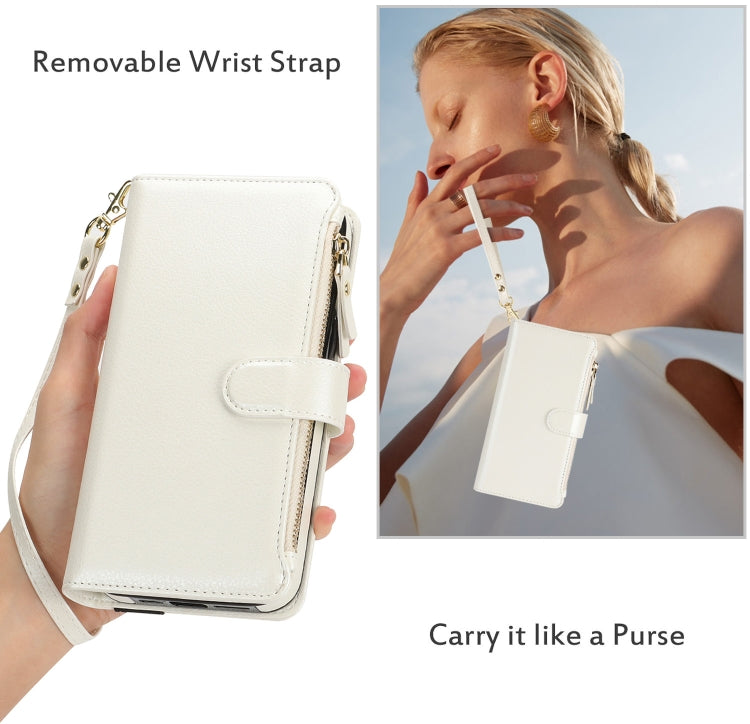 For iPhone 16 Plus Wristband Holder Zipper Purse RFID Leather Phone Case(White)