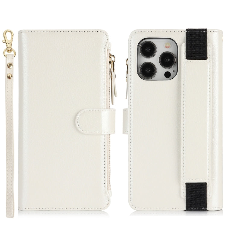For iPhone 16 Pro Wristband Holder Zipper Purse RFID Leather Phone Case(White)