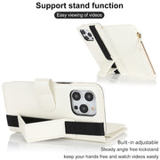 For iPhone 16 Pro Wristband Holder Zipper Purse RFID Leather Phone Case(White)