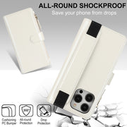 For iPhone 16 Pro Wristband Holder Zipper Purse RFID Leather Phone Case(White)