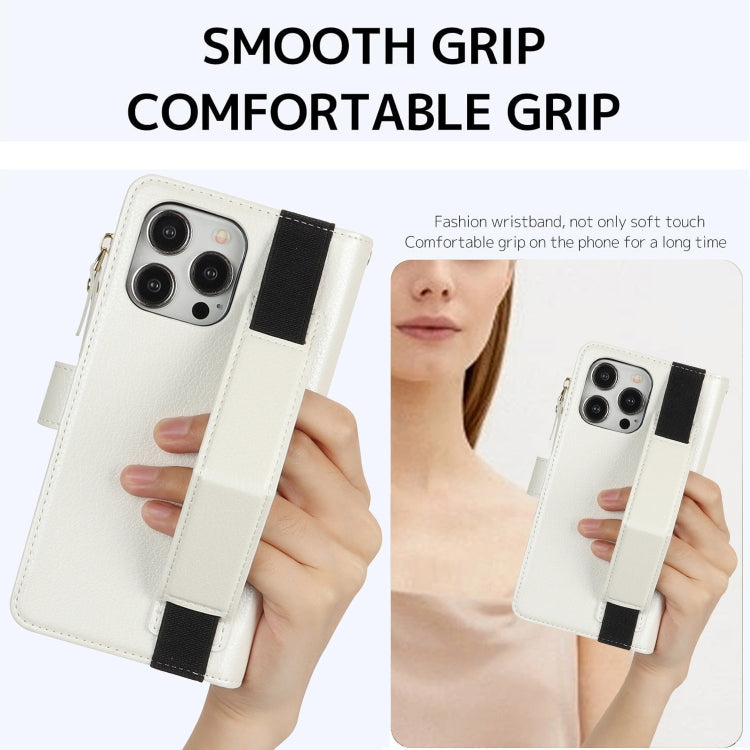 For iPhone 16 Pro Wristband Holder Zipper Purse RFID Leather Phone Case(White)