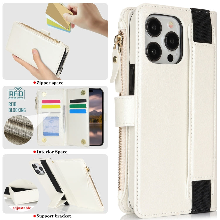 For iPhone 16 Pro Wristband Holder Zipper Purse RFID Leather Phone Case(White)