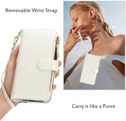 For iPhone 16 Pro Wristband Holder Zipper Purse RFID Leather Phone Case(White)
