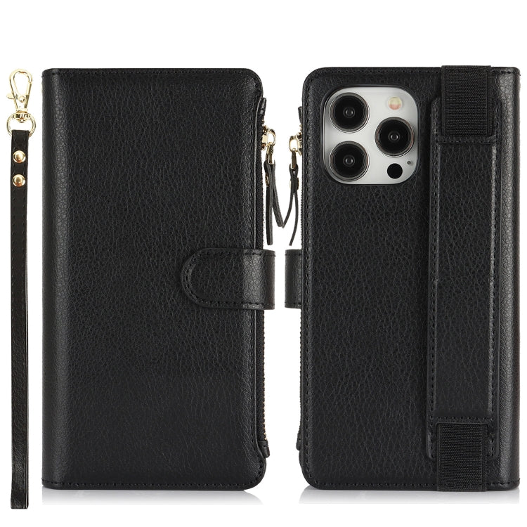For iPhone 16 Pro Max Wristband Holder Zipper Purse RFID Leather Phone Case(Black)